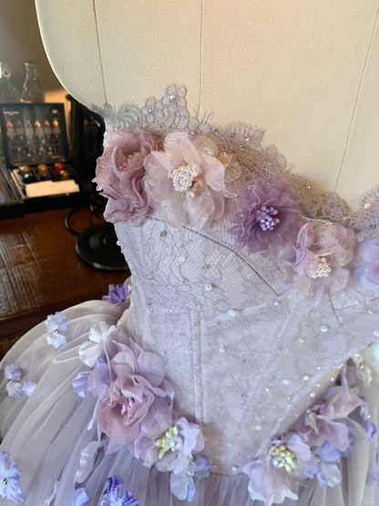 Dreamy Purple A Line Strapless Floral Tulle Short Prom Dress Homecoming Dress DP5460