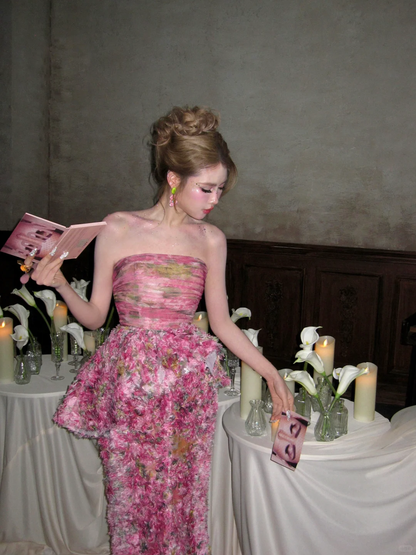 Pink Mermaid Strapless Printed Floral Chiffon Long Party Dress Prom Dress DP2524