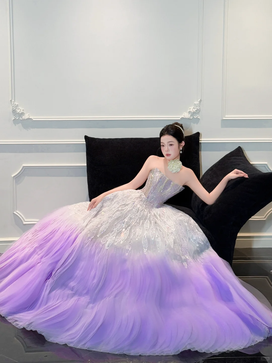 Stunning Ball Strapless Sequin Purple Tulle Long Prom Dress Party Dress DP4291