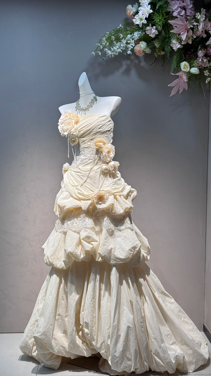 Princess Ivory Ball Gown Off the Shoulder Layered Satin Long Prom Dress 16th Birthday Dress DP5389