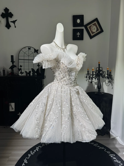 Glamorous A Line Off the Shoulder Beaded Tulle Short Prom Dress Homecoming Dress DP6975
