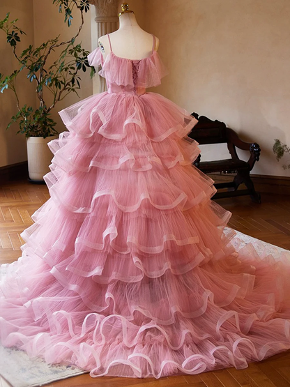 Pink Tulle Layers Long A-Line Prom Dress Sweet 16 Quinceanera Dress Evening Dress DP252