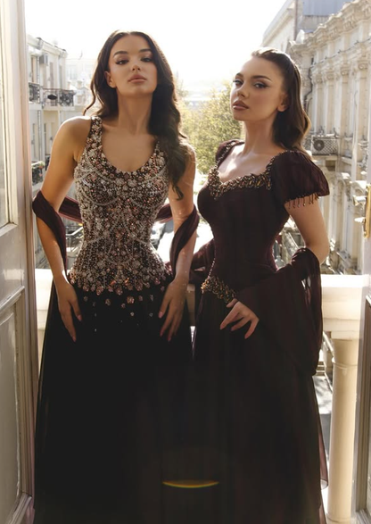 Dark Burgundy A Line Straps Exquisite Beaded Chiffon Long Prom Dress Evening Dress DP6054
