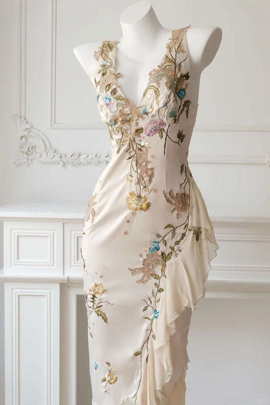 Vintage Ivory Sheath V Neck Embroidered Beaded Satin Short Prom Dress Homecoming Dress DP5444