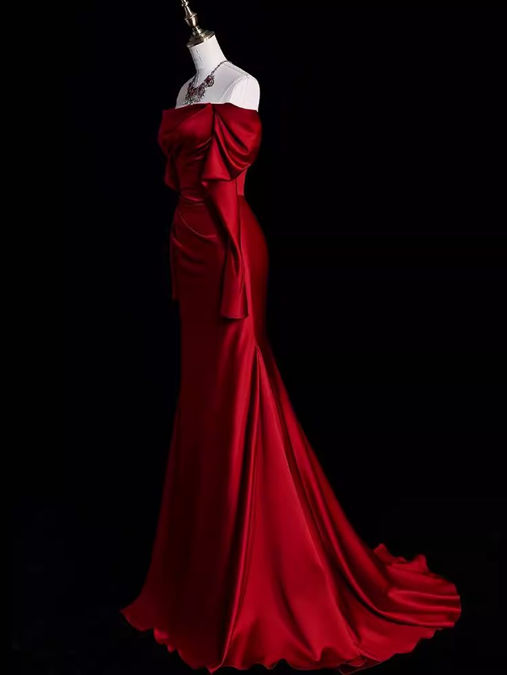 Off The Shoulder Burgundy Long Satin Prom Dress Mermaid Evening Dress DP133