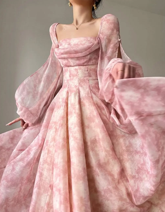 Flowy Pink A Line Long Sleeve Print Floral Chiffon Prom Dress Party Dress Outfits DP4137
