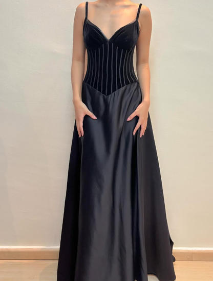 Charming A Line Spaghetti Strap Corset Velvet Satin Long Prom Dress Evening Dress DP1601
