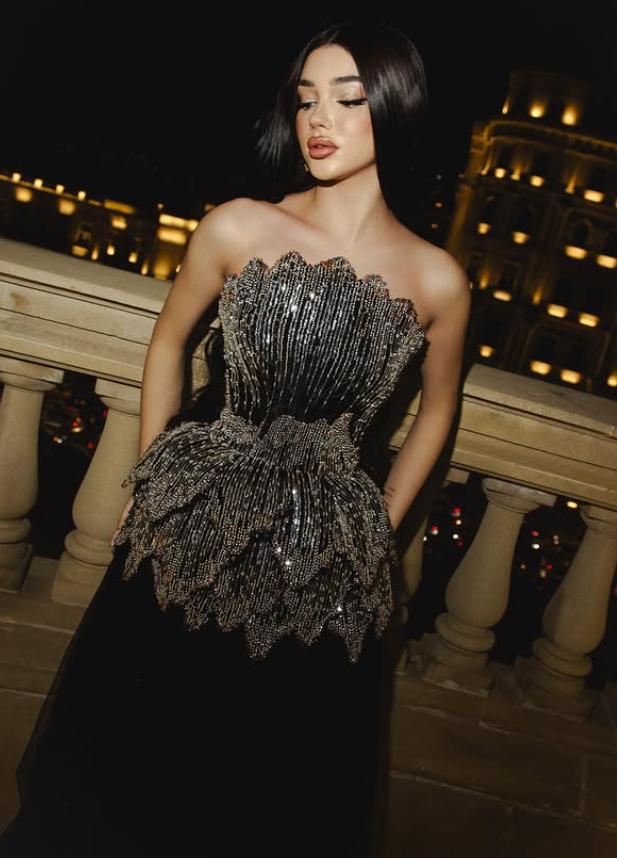 Charming Black A Line Strapless Layered Sequin Tulle Prom Dress Evening Dress DP6811
