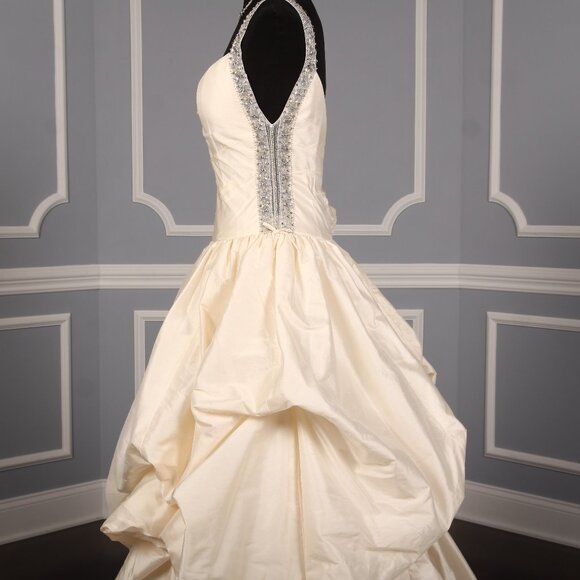A Line V Neck Ivory White Satin Ball Gown Evening Dress Wedding Dress DP1335