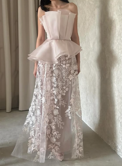 Light Pink A Line Strapless Embroidery Tulle Long Prom Dress Evening Dress DP5950