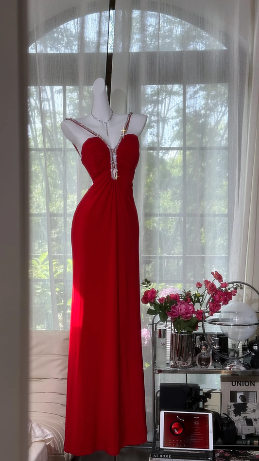 Red Gentle Simple Beaded Chiffon Prom Dress Date Dress Evening Dress DP2952