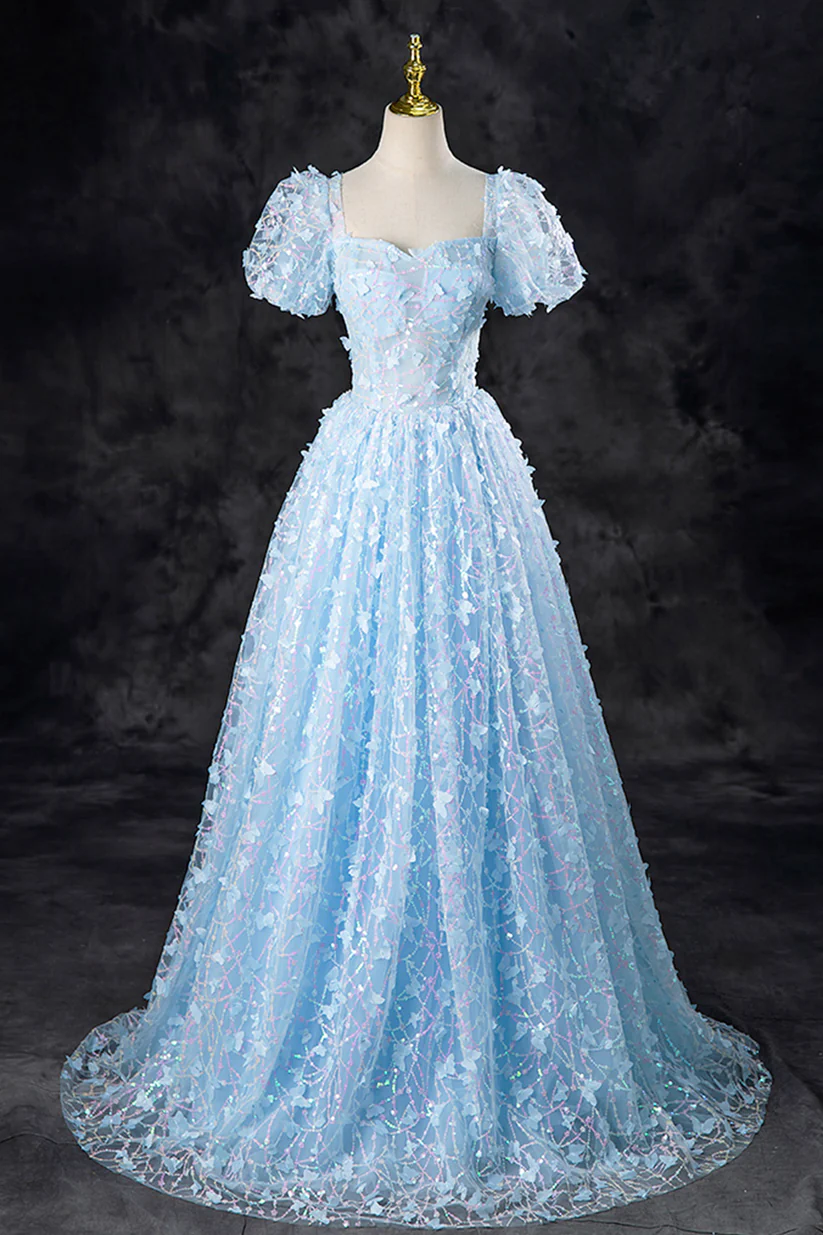 Luxurious Blue Tulle Sweetheart Party Dress Sequin Butterfly Appliques Long Prom Dress DP487