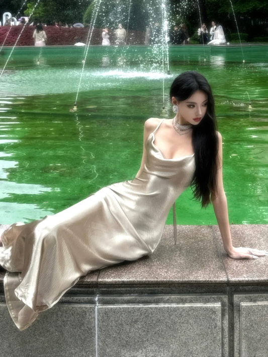 Unique A Line Spaghetti Strap Satin Long Prom Dress Party Dress DP3962