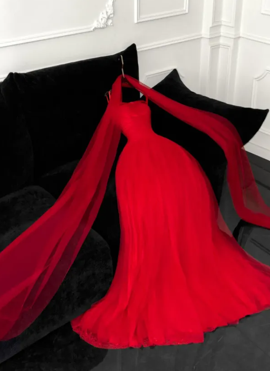 Charming A Line Strapless Simple Red Tulle Prom Dress DP4641