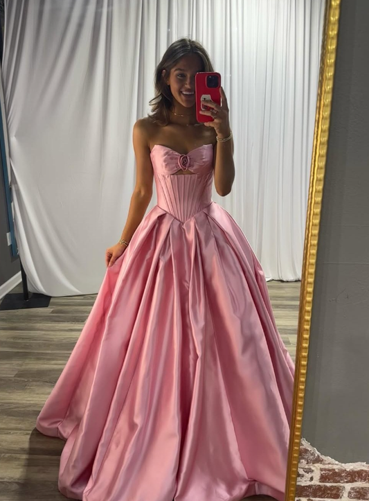 Pink Princess A Line Sweetheart Neck Satin Long Prom Dress Evening Dress DP6793