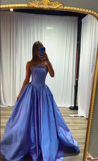 Dreamy Purple A Line Strapless Exquisite Beaded Satin Long Prom Dress Evening Dress DP7120