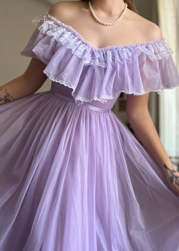 Vintage A Line Off the Shoulder Lilac Tulle Prom Dress Evening Dress Date Dress DP5708