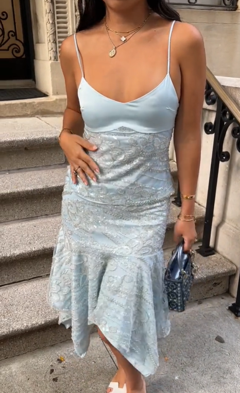 Baby Blue Mermaid Spaghetti Strap Beaded Satin Homecoming Dress Cocktail Dress DP3076