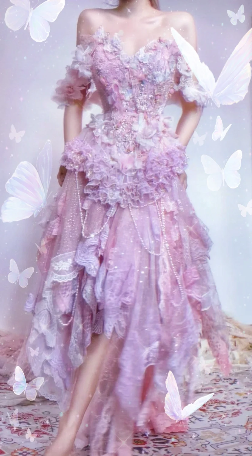 Purple A Line Off the Shoulder Floral Beaded Layered Tulle Prom Dress 16th Birthday Dress DP3769