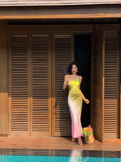Pink Green Ombre Sheath One Shoulder Satin Long Prom Dress Evening Dress DP3872