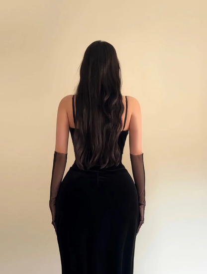 Sexy Black Sheath Spaghetti Strap Velvet Long Slit Prom Dress Evening Dress DP6949