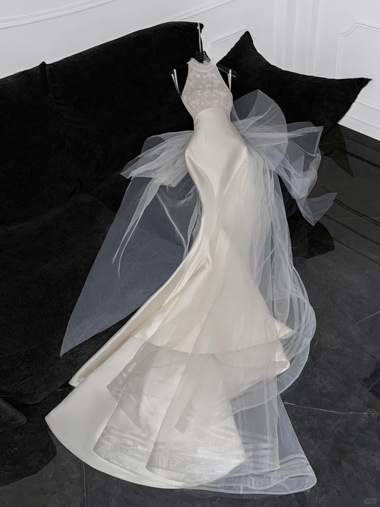 Gorgeous Mermaid Halter Appliques White Satin Tulle Long Sweep Prom Dress Wedding Dress DP2573
