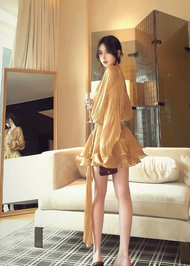 Brown A Line Long Sleeve Layered Chiffon Short Outfits Vacation Dress DP4885