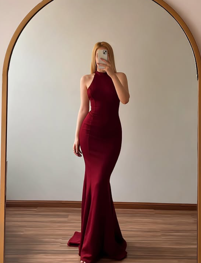 Burgundy Mermaid High Neck Satin Backless Long Prom Dress Evening Dress DP6491