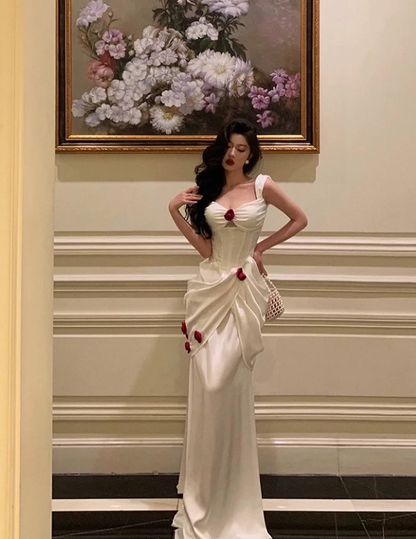 White Sheath Spaghetti Strap Pleated Satin Prom Dresses Outfits DP4198