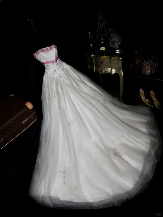 Vintage A Line Strapless Pink Beaded White Satin Tulle Long Prom Dress DP4424