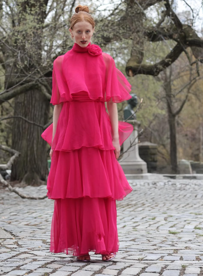 Elegant Pink A Line High Neck Layered Chiffon Long Prom Dress Evening Dress Date Dress DP3108