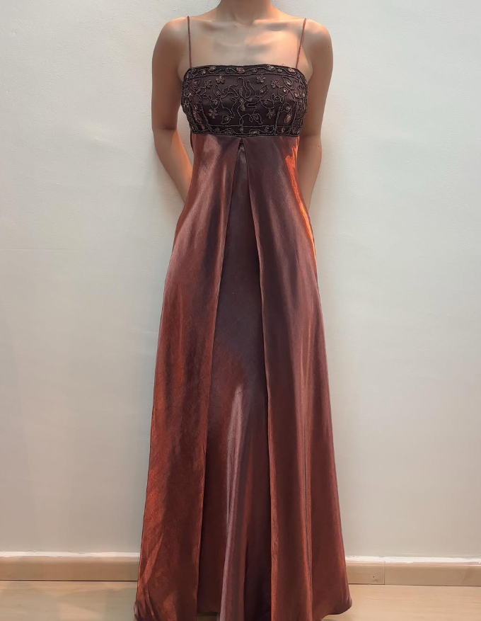 Vintage A Line Spaghetti Strap Beaded Brown Satin Prom Dress Evening Dress DP1779