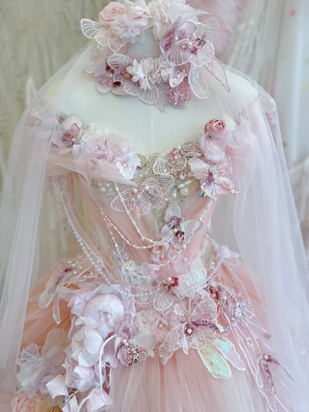 Pink Butterfly Floral Ball Gown Off the Shoulder Exquisite Beaded Tulle 16th Birthday Dress Prom Dress DP3814