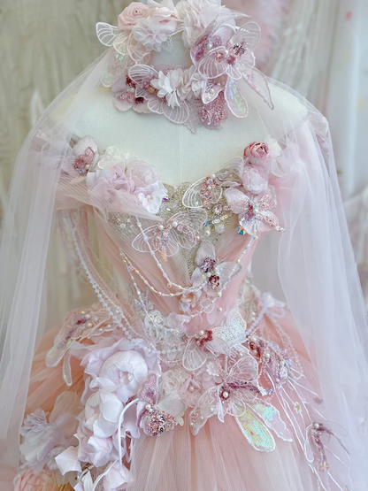 Pink Butterfly Floral Ball Gown Off the Shoulder Exquisite Beaded Tulle 16th Birthday Dress Prom Dress DP3814