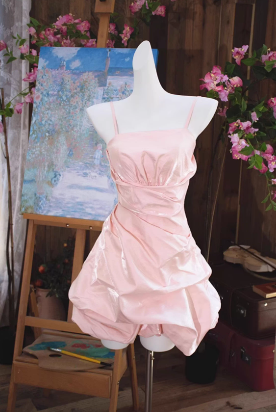 Cute Pink A Line Spaghetti Strap Pleated Satin Short Homecoming Dress Outfits DP4701