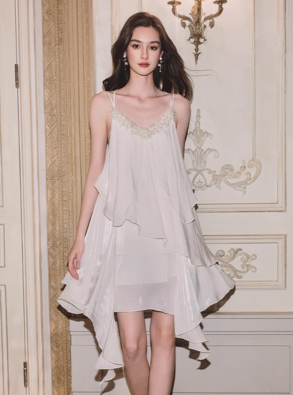 Flowy A Line Spaghetti Strap Beaded Chiffon Short Homecoming Dress Vacation Dress DP3644