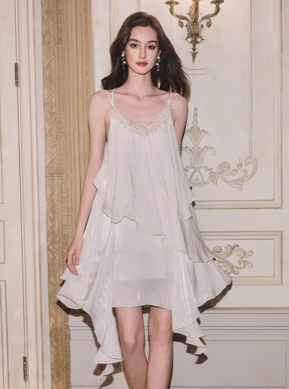 Flowy A Line Spaghetti Strap Beaded Chiffon Short Homecoming Dress Vacation Dress DP3644