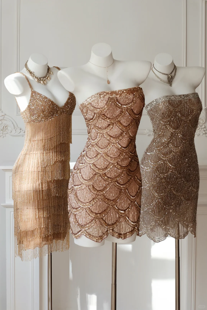 Vintage Brown Layered Beading Sequin Short Prom Dress Homecoming Dress DP5447