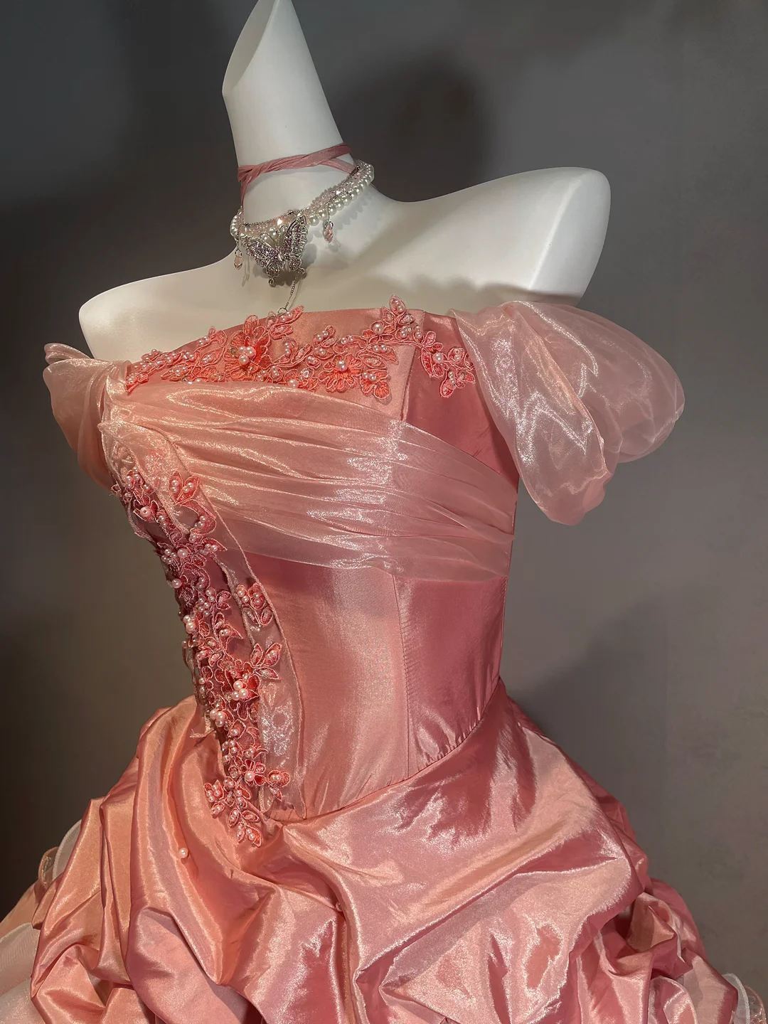 Coral Powder Ball Gown Off the Shoulder Layered Satin Organza Long Prom Dress 16th Birthday Dress DP5386