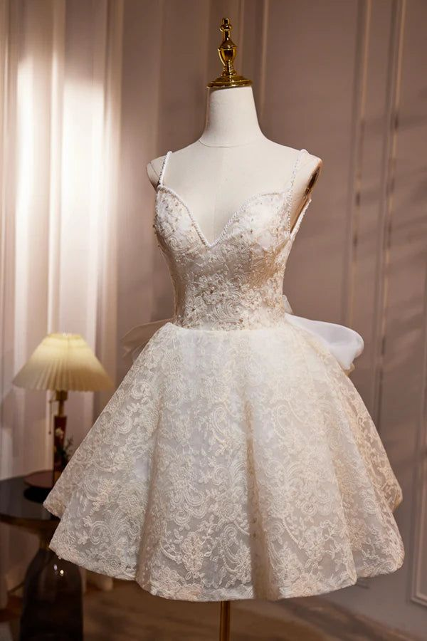 Light Champagne Lace Beaded Short Prom Dress Backless Party Dress Homecoming Dress With Bow DP539