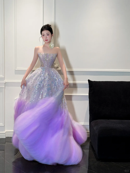 Stunning Ball Strapless Sequin Purple Tulle Long Prom Dress Party Dress DP4291