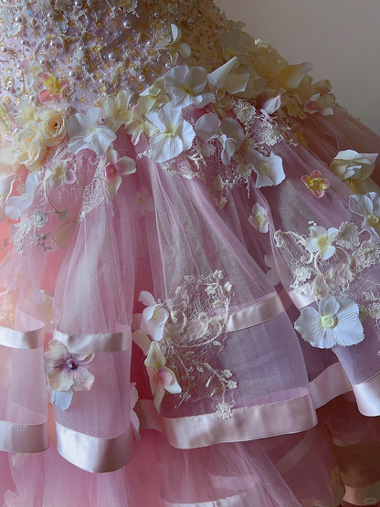 Stunning Pink Ball Gown Floral Beaded Layered Tulle Prom Dress 16th Birthday Dress DP5020