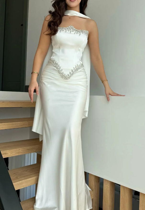 White Sheath Strapless Exquisite Beaded Satin Prom Dress Evening Dress DP5030