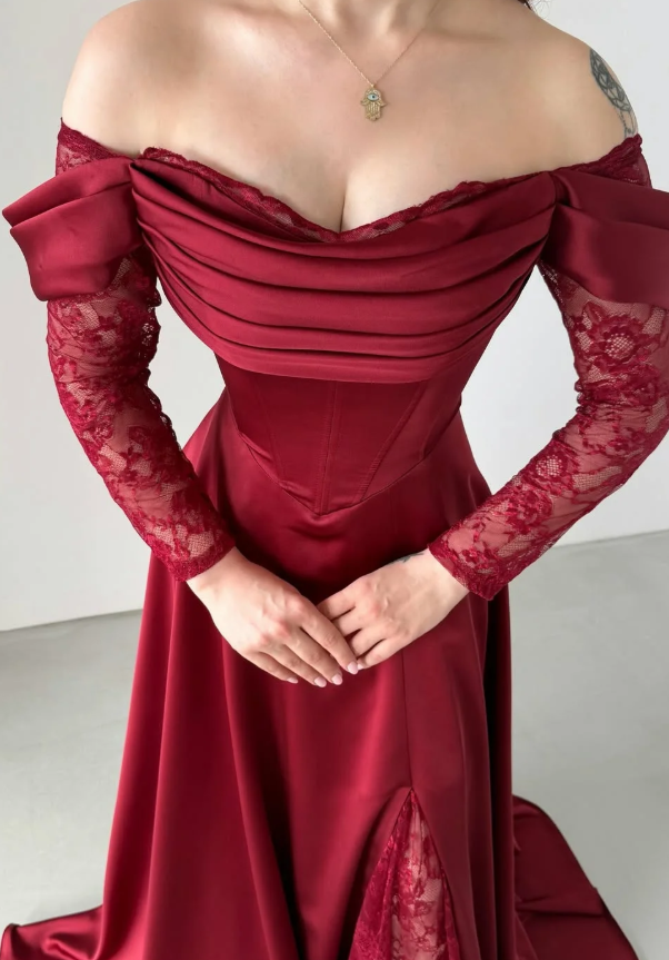 Elegant Burgundy A Line Long Sleeve Lace Satin Prom Dress Evening Dress DP5631