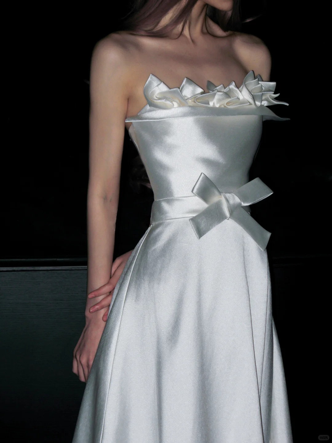 Elegant White Bow A Line Strapless Satin Long Wedding Dress DP4407