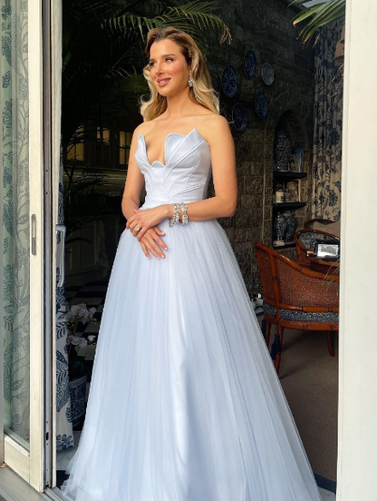 Elegant A Line Strapless Satin Tulle Long Prom Dress Evening Dress DP1225