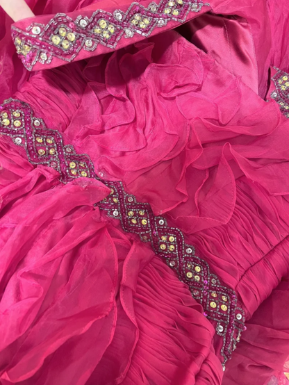 Hot Pink Mermaid Straps Beaded Ruffle Organza Long Prom Dress Date Dress DP4272