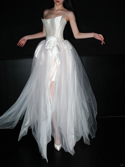 Unique A Line Strapless 3D Floral White Satin Tulle Long Wedding Dress DP5796