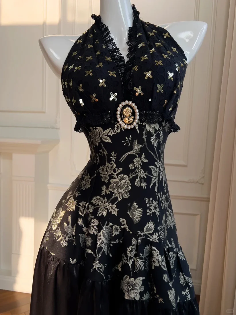 Vintage A Line V Neck Black Print Floral Satin Long Prom Dress Evening Dress DP4740