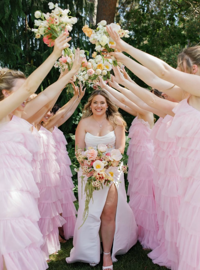 Sweety Pink A Line Halter Layered Tulle Long Bridesmaid Dress with Slit DP4967